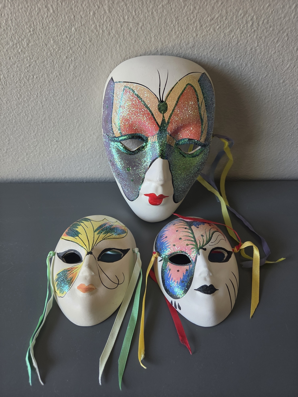 Set of 3 Decorative Glittered White Venetian Masks with Multicolor Accents